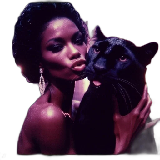 animal, photorealistic, vaporwave, woman, embraces, large, black, panther transparent PNG cut-out