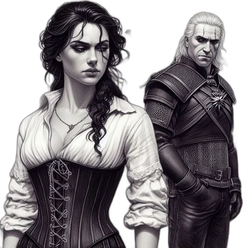 fantasy art, concept art, comic book art, photorealistic, monochrome, two, individuals, woman transparent PNG cut-out