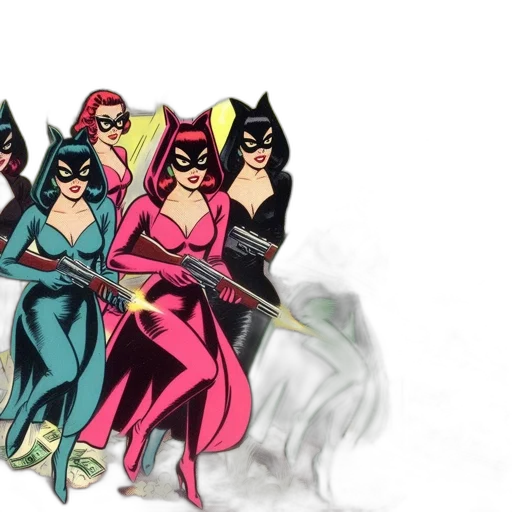 comic book art, concept art, cartoon, four, female, superheroes, retro, comic transparent PNG cut-out