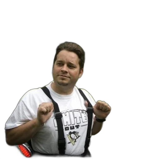 staff, weapon, man, wearing, suspenders, white, t-shirt, word transparent PNG cut-out