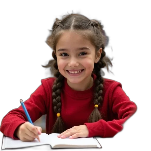 photorealistic, young, girl, braided, hair, sitting, table, library transparent PNG cut-out