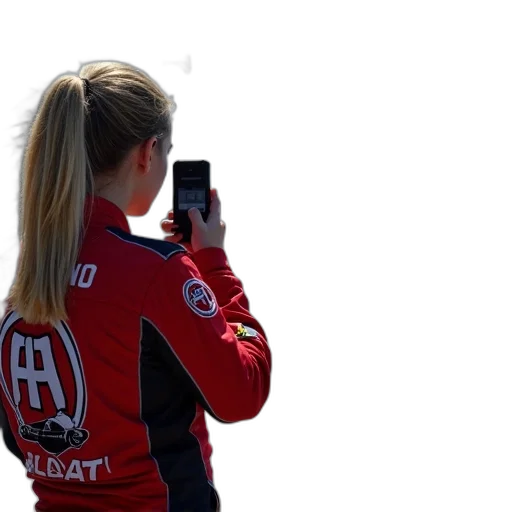 jacket, hair, staff, car, woman, takes, photograph, race transparent PNG cut-out