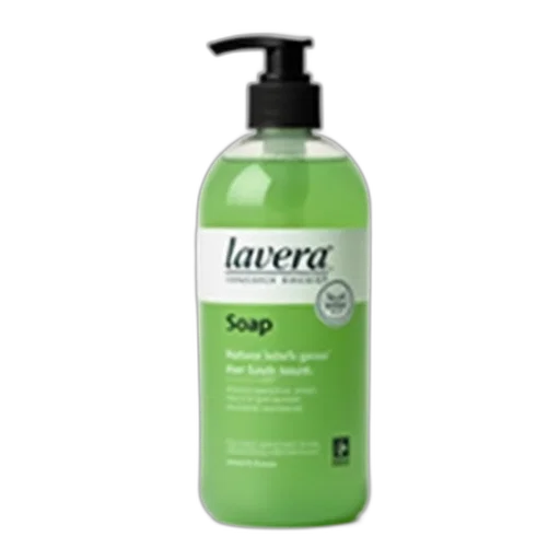 bottle, green, liquid, soap, label, reads, lavera, also transparent PNG cut-out