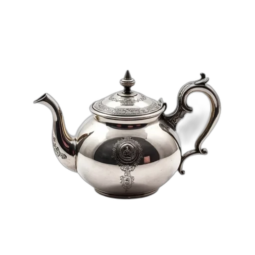 photorealistic, 3d render, silver, teapot, reflective, surface, intricate, designs transparent PNG cut-out