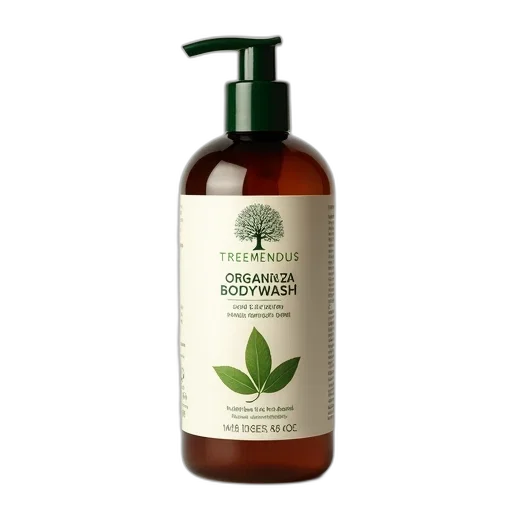bottle, treemendus, organic, tea, tree, bodywash, label, featuring transparent PNG cut-out