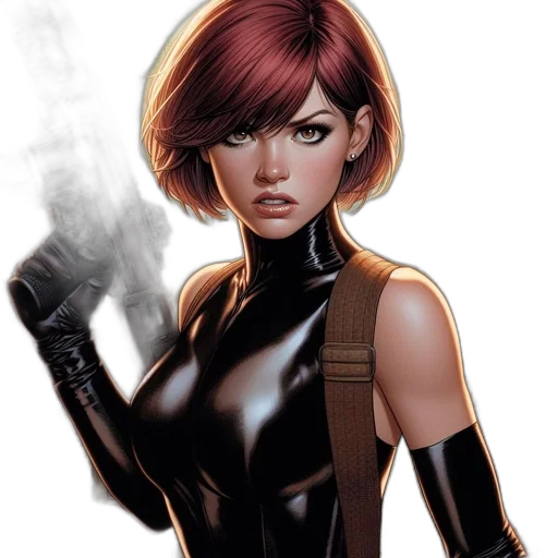 comic book art, concept art, fantasy art, photorealistic, illustration, woman, short, vibrant transparent PNG cut-out