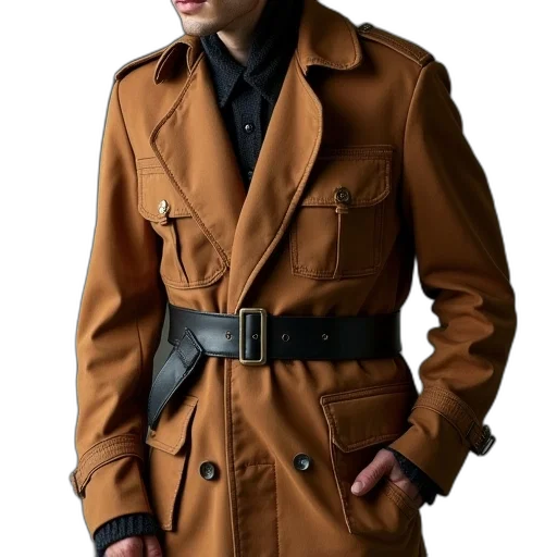 jacket, staff, photorealistic, concept art, cyberpunk, earth tones, dark, golden transparent PNG cut-out