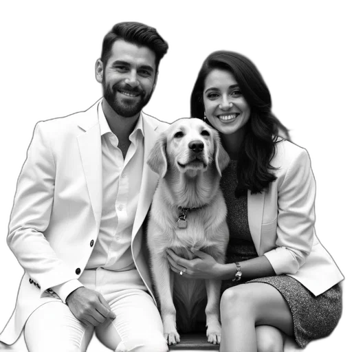 black, white, photograph, man, woman, sitting, bench, dog transparent PNG cut-out