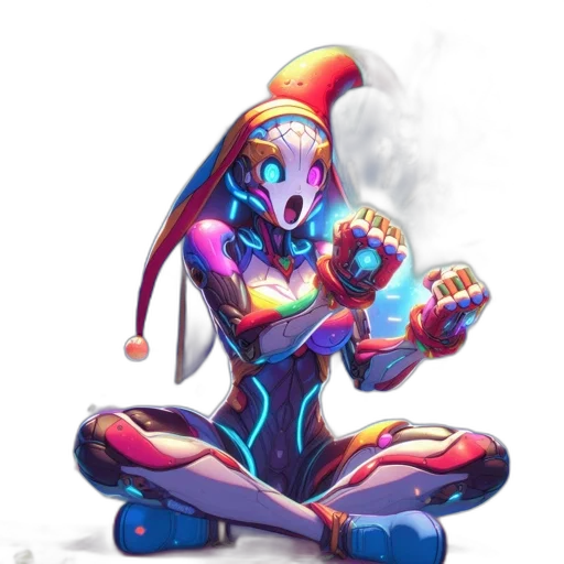 robot, staff, concept art, vaporwave, fantasy art, pixel art, neon lights, fire transparent PNG cut-out