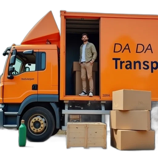 person, standing, inside, large, orange, truck, wooden, crate transparent PNG cut-out