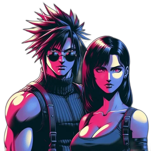 cyberpunk, comic book art, concept art, pixel art, fire, neon lights, red, two transparent PNG cut-out