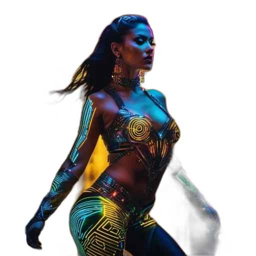 concept art, comic book art, fantasy art, 3d render, woman, neon, futuristic, outfit transparent PNG cut-out