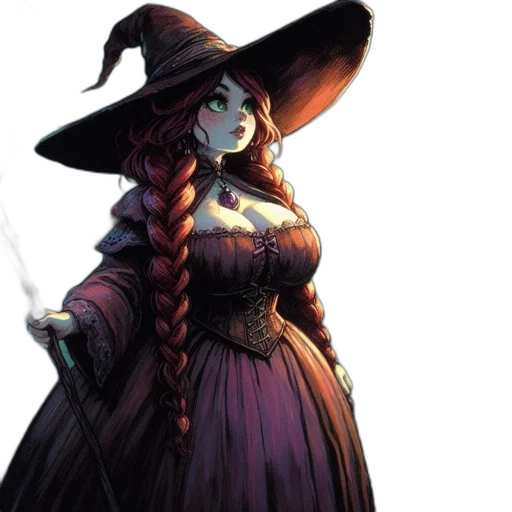 dress, staff, hat, concept art, fantasy art, comic book art, pixel art, dark transparent PNG cut-out