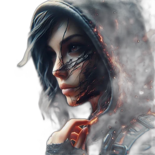 face, mask, staff, robot, concept art, fantasy art, cyberpunk, photorealistic transparent PNG cut-out