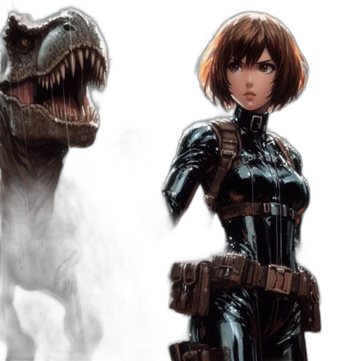concept art, fantasy art, comic book art, photorealistic, woman, black, suit, brandishes transparent PNG cut-out
