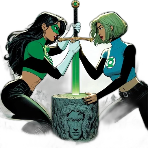 comic book art, concept art, fantasy art, underwater, green, two, superheroes, stand transparent PNG cut-out