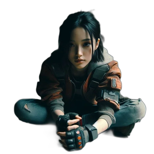 weapon, jacket, robot, face, concept art, cyberpunk, photorealistic, fantasy art transparent PNG cut-out