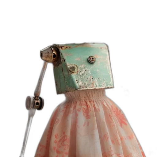 dress, robot, bottle, jewelry, 3d render, pastel, vintage-style, rusted transparent PNG cut-out