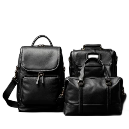 3d render, dark, monochrome, collection, black, leather, bags, displayed transparent PNG cut-out