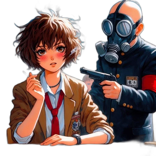 jacket, mask, food, weapon, anime, concept art, comic book art, pixel art transparent PNG cut-out