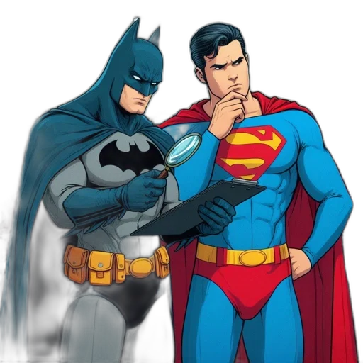 comic book art, concept art, cartoon, two, iconic, superheroesâ, batman, inspecting transparent PNG cut-out