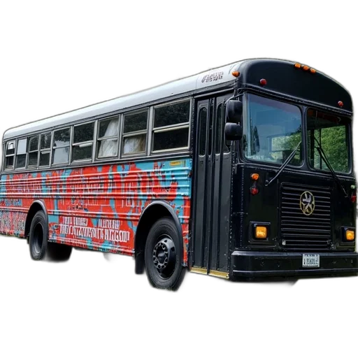 black, bus, red, blue, paint, job, parked, side transparent PNG cut-out