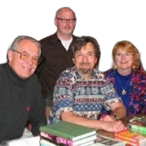 staff, jacket, face, four, people, sit, front, bookshelf transparent PNG cut-out