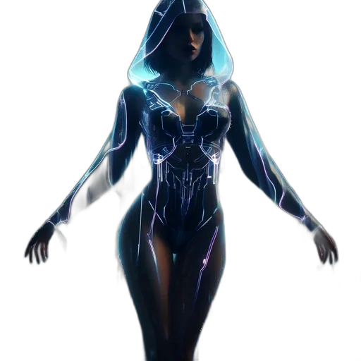 dress, mask, concept art, fantasy art, comic book art, cyberpunk, neon lights, blue transparent PNG cut-out