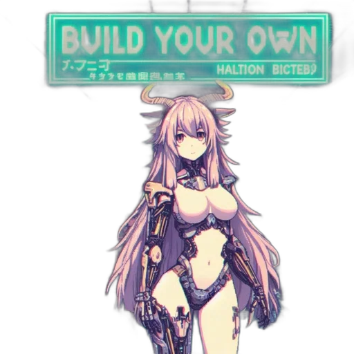 robot, weapon, dress, pixel art, cyberpunk, concept art, vaporwave, neon-lit transparent PNG cut-out