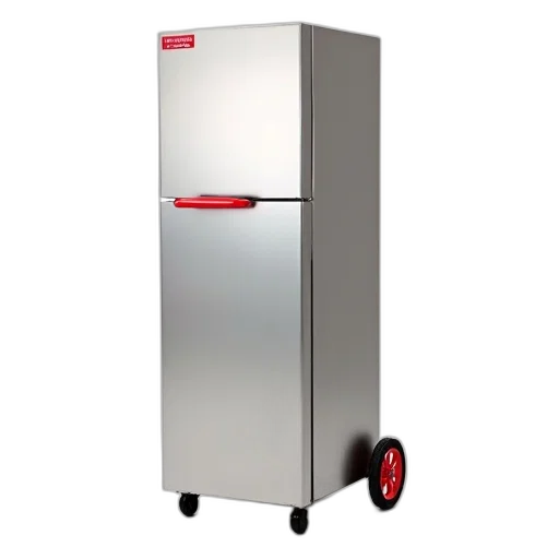 robot, 3d render, stainless, steel, refrigerator, red, handle, top transparent PNG cut-out