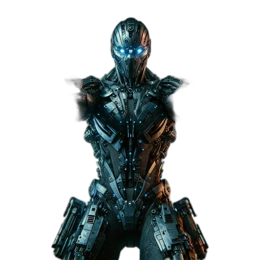 robot, weapon, concept art, 3d render, cyberpunk, comic book art, futuristic, neon-lit transparent PNG cut-out