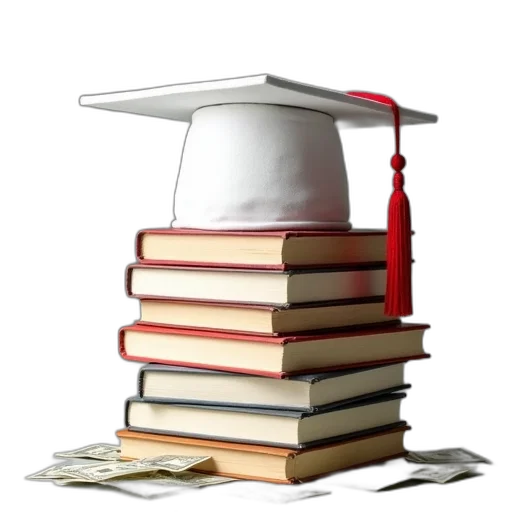 stack, books, graduation, cap, top, placed, surface, arranged transparent PNG cut-out