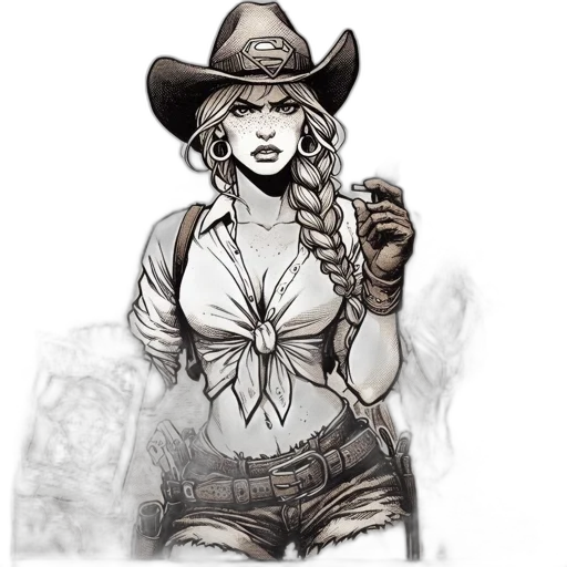 comic book art, concept art, cartoon, fantasy art, woman, dressed, cowgirl, holds transparent PNG cut-out