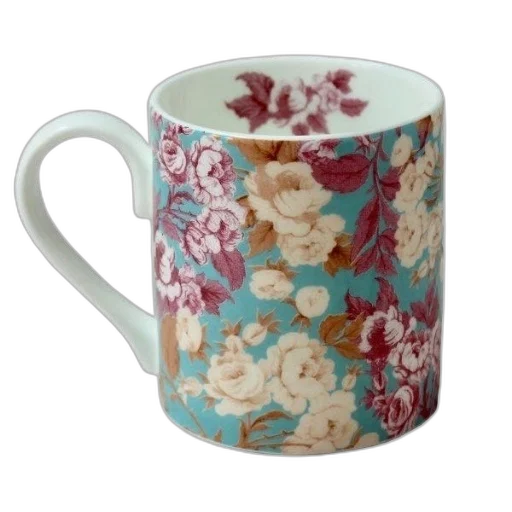 photorealistic, ceramic, mug, turquoise, background, floral, pattern, featuring transparent PNG cut-out