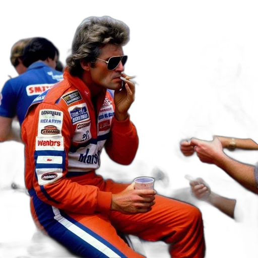 man, branded, racing, suit, smokes, near, others, what transparent PNG cut-out