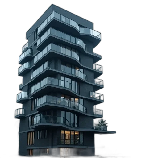 building, 3d render, concept art, photorealistic, dark, modern, multi-story, unique transparent PNG cut-out
