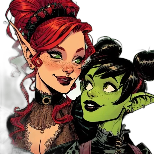comic book art, concept art, fantasy art, cartoon, two, females, converse, amidst transparent PNG cut-out