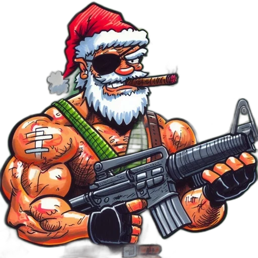 weapon, pixel art, concept art, comic book art, cartoon, muscular, man, santa transparent PNG cut-out