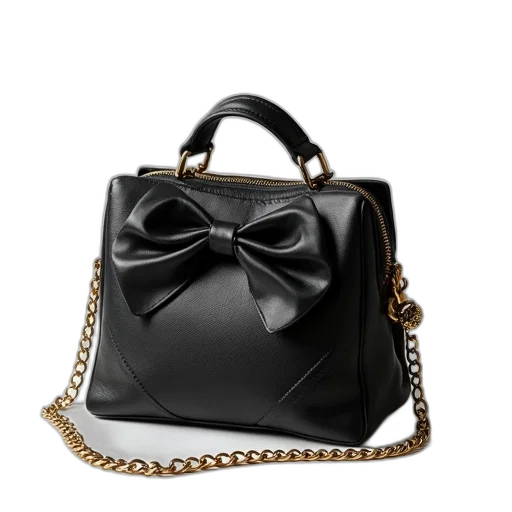 black, handbag, bow, top, gold, chain, placed, white transparent PNG cut-out