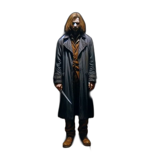jacket, mask, staff, hair, concept art, 3d render, cyberpunk, photorealistic transparent PNG cut-out