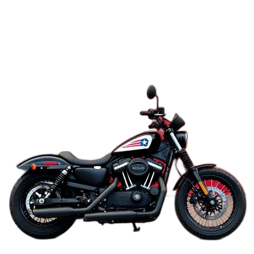 photorealistic, 3d render, black, motorcycle, texas, flag, side, parked transparent PNG cut-out