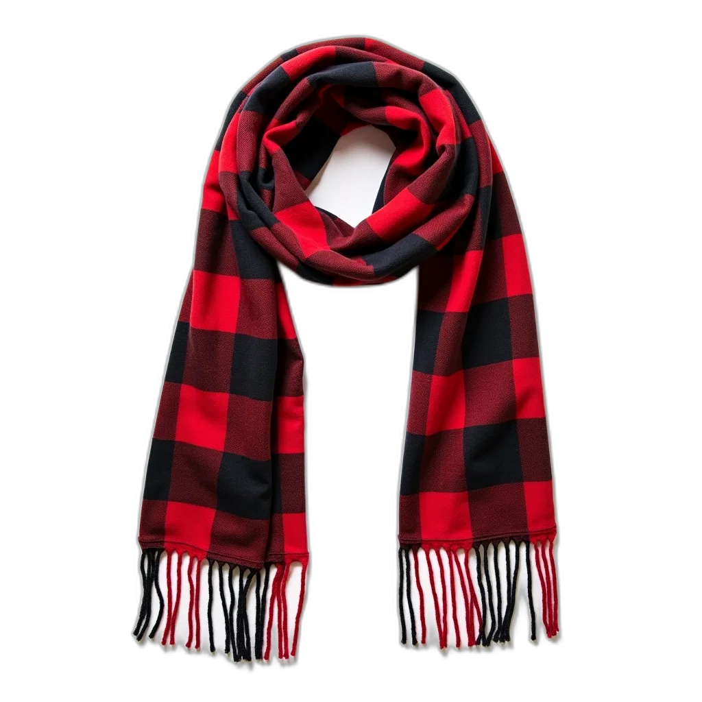 red, black, checkered, scarf, fringed, ends, displayed, against transparent PNG cut-out