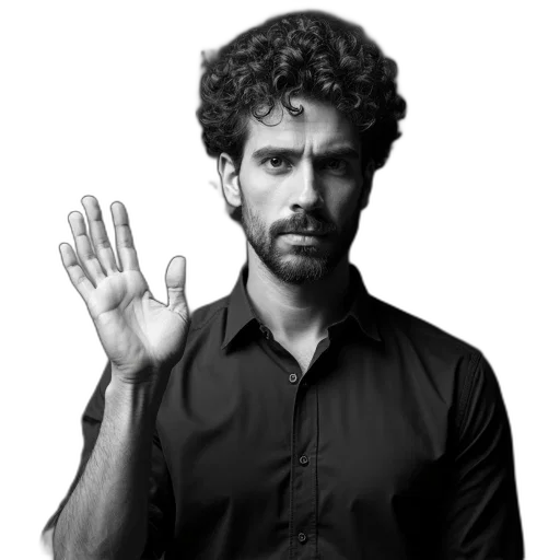 staff, face, photorealistic, black, white, photograph, man, curly transparent PNG cut-out