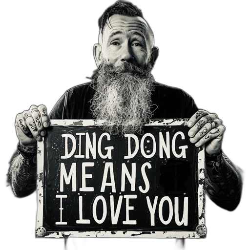 man, long, beard, mustache, holds, chalkboard, sign, reads transparent PNG cut-out