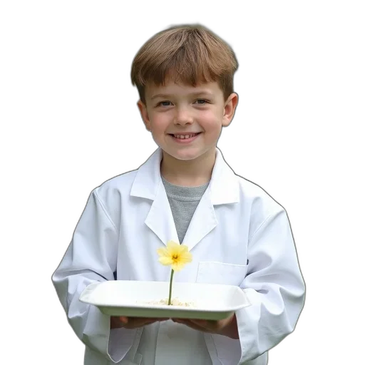 staff, food, jacket, flower, photorealistic, young, boy, white transparent PNG cut-out