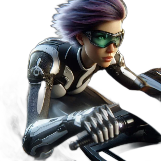 robot, concept art, cyberpunk, 3d render, comic book art, futuristic, female, rider transparent PNG cut-out