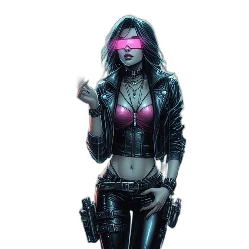 jacket, weapon, cyberpunk, comic book art, concept art, fantasy art, neon lights, neon transparent PNG cut-out