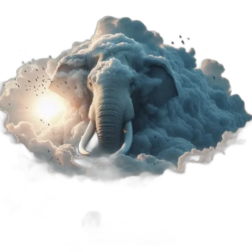 concept art, photorealistic, 3d render, fantasy art, fog, blue, elephant, emerges transparent PNG cut-out
