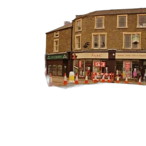 building, 3d render, photorealistic, city street, road, closed, sign, placed transparent PNG cut-out