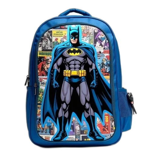 comic book art, blue, backpack, batman, design, displayed, against, white transparent PNG cut-out